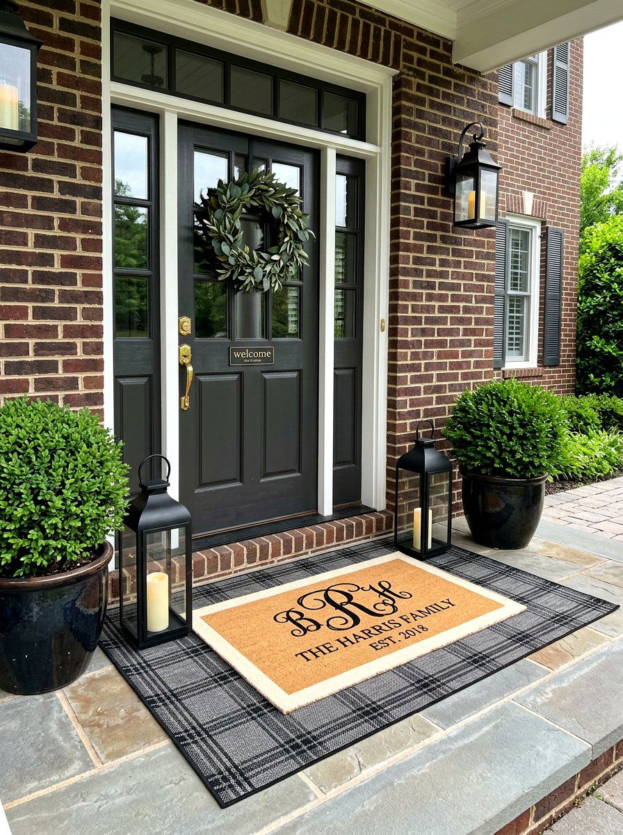 Monogrammed Front Door Layered Rug - 30 layered doormat porch ideas