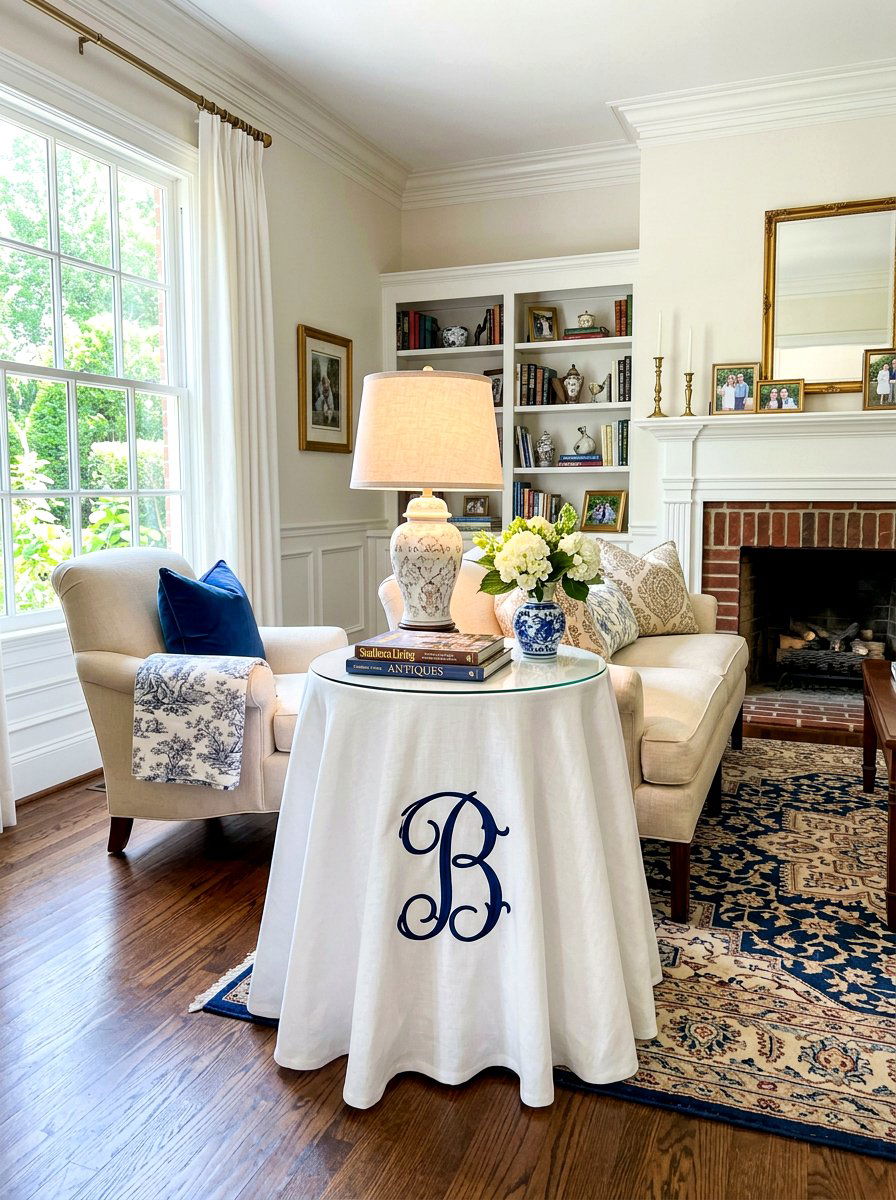 Monogrammed Linen End Table - 30 skirted table ideas