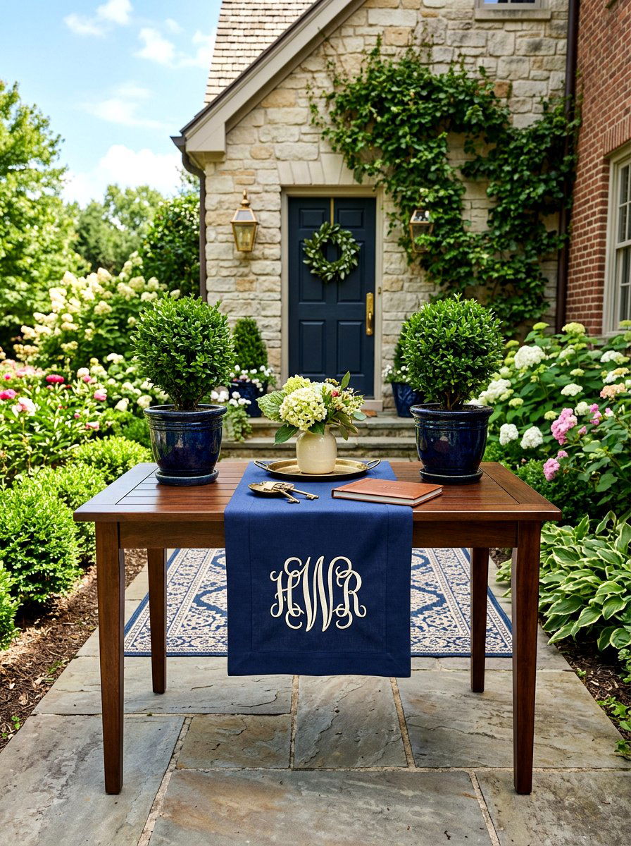 Monogrammed Outdoor Entry Table - 30 porch skirted table ideas