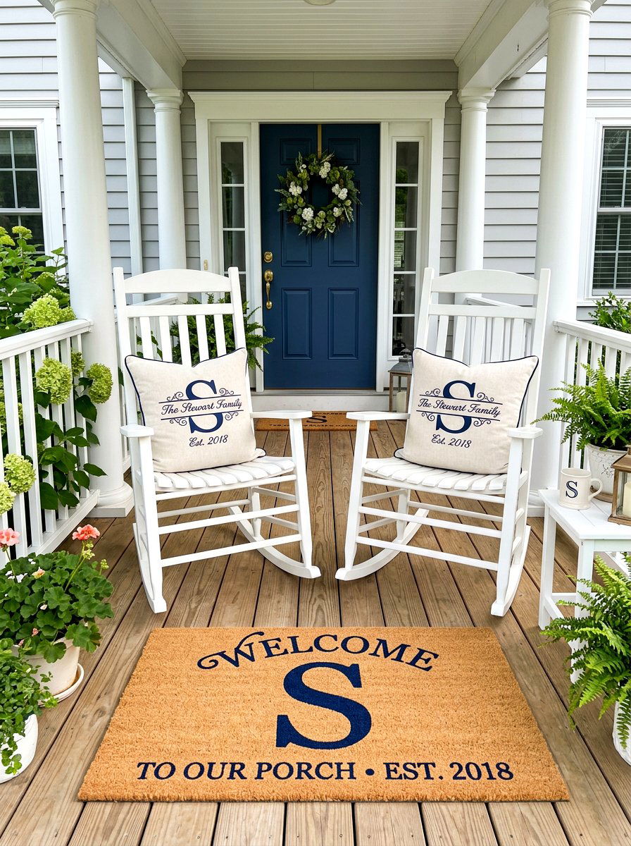 Monogrammed Textile Personalization Theme - 30 luxury front porch styling ideas