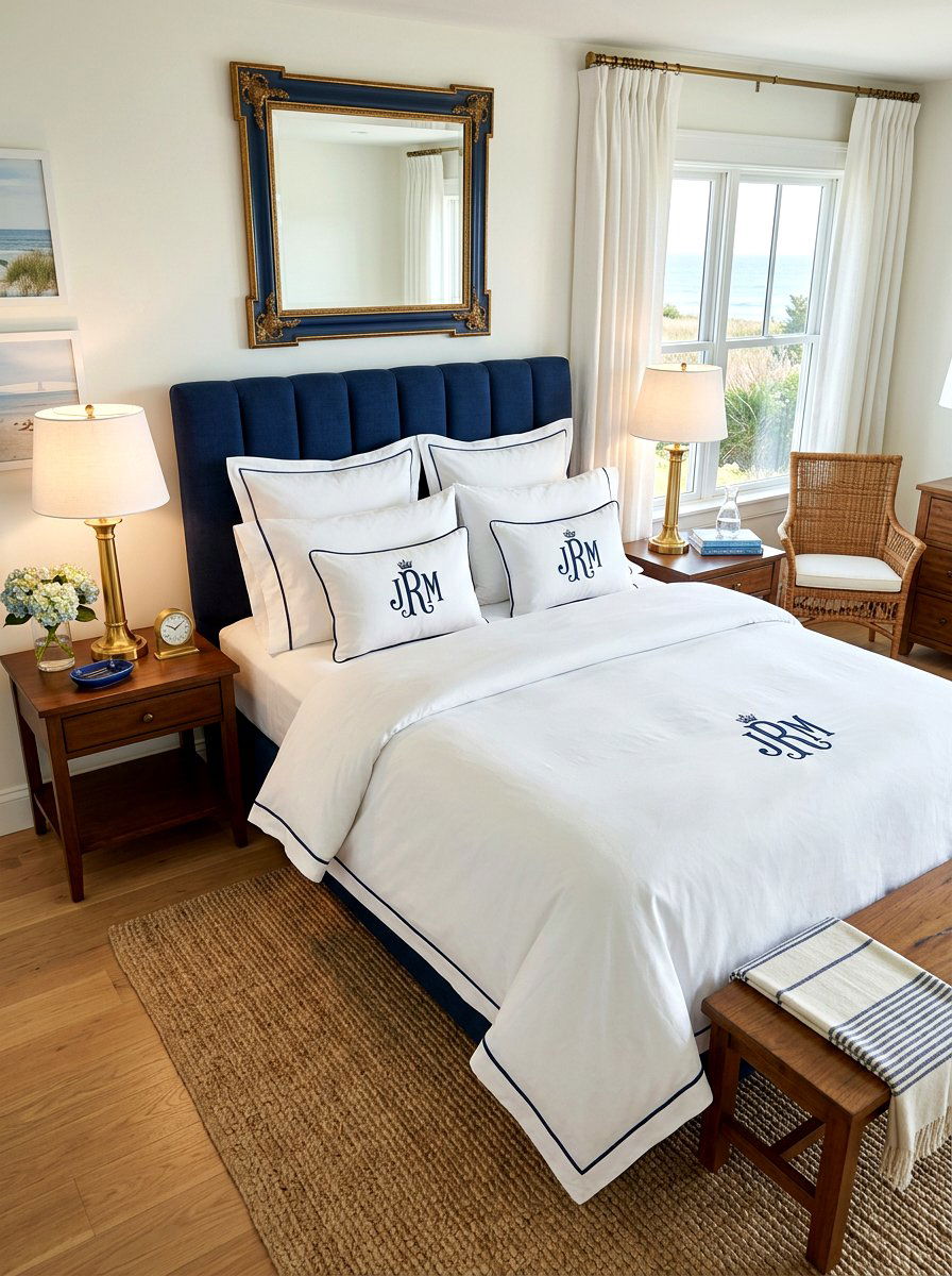Monogrammed bedding bedroom - 30 coastal prep bedroom ideas