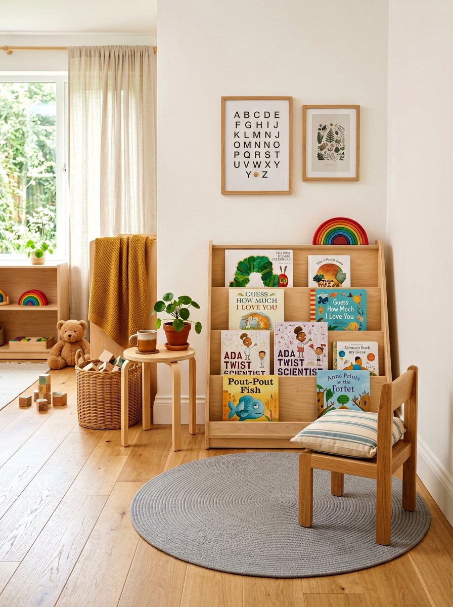 Montessori book display nursery - 30 nursery reading corner ideas aesthetic
