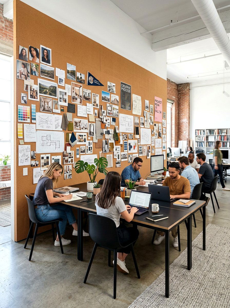 Mood board wall shared office - 30 double desk office ideas