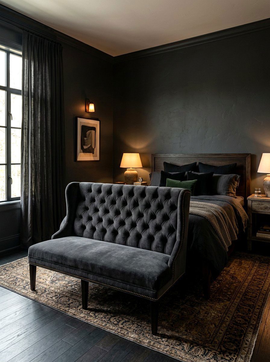 Moody Bedroom With Settee Bench - 30 bedroom bench ideas
