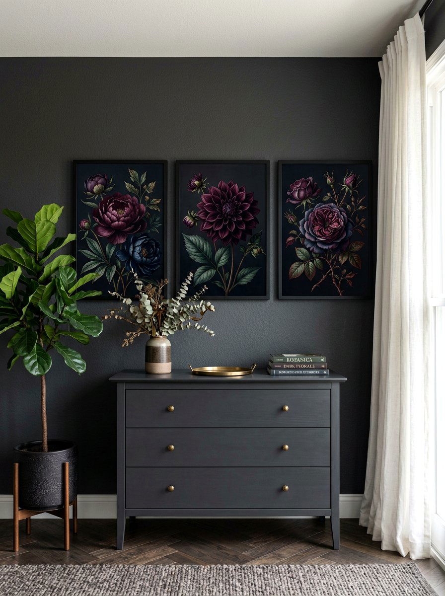 Moody Botanical Wall Art - 30 dark floral bedroom aesthetic ideas