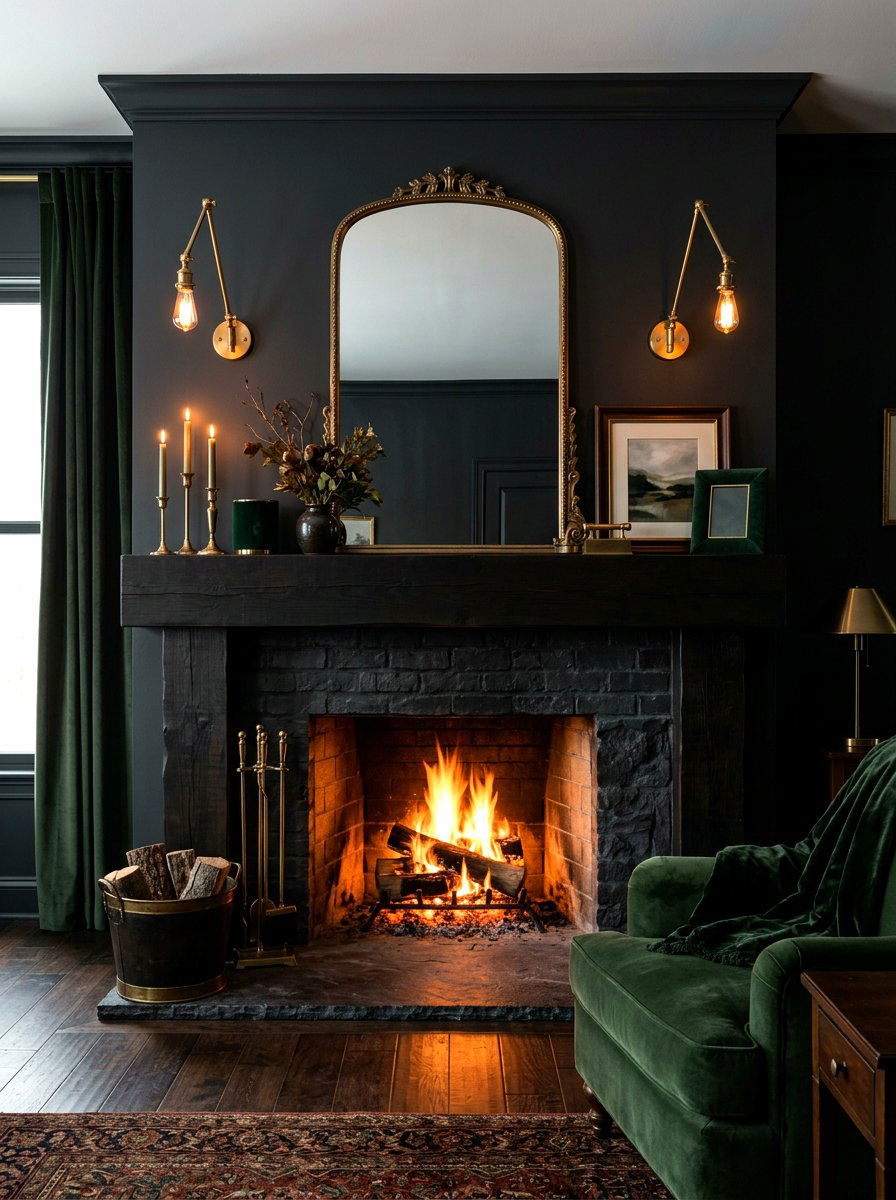 Moody Dark Fireplace - 30 mantel shelf styling ideas