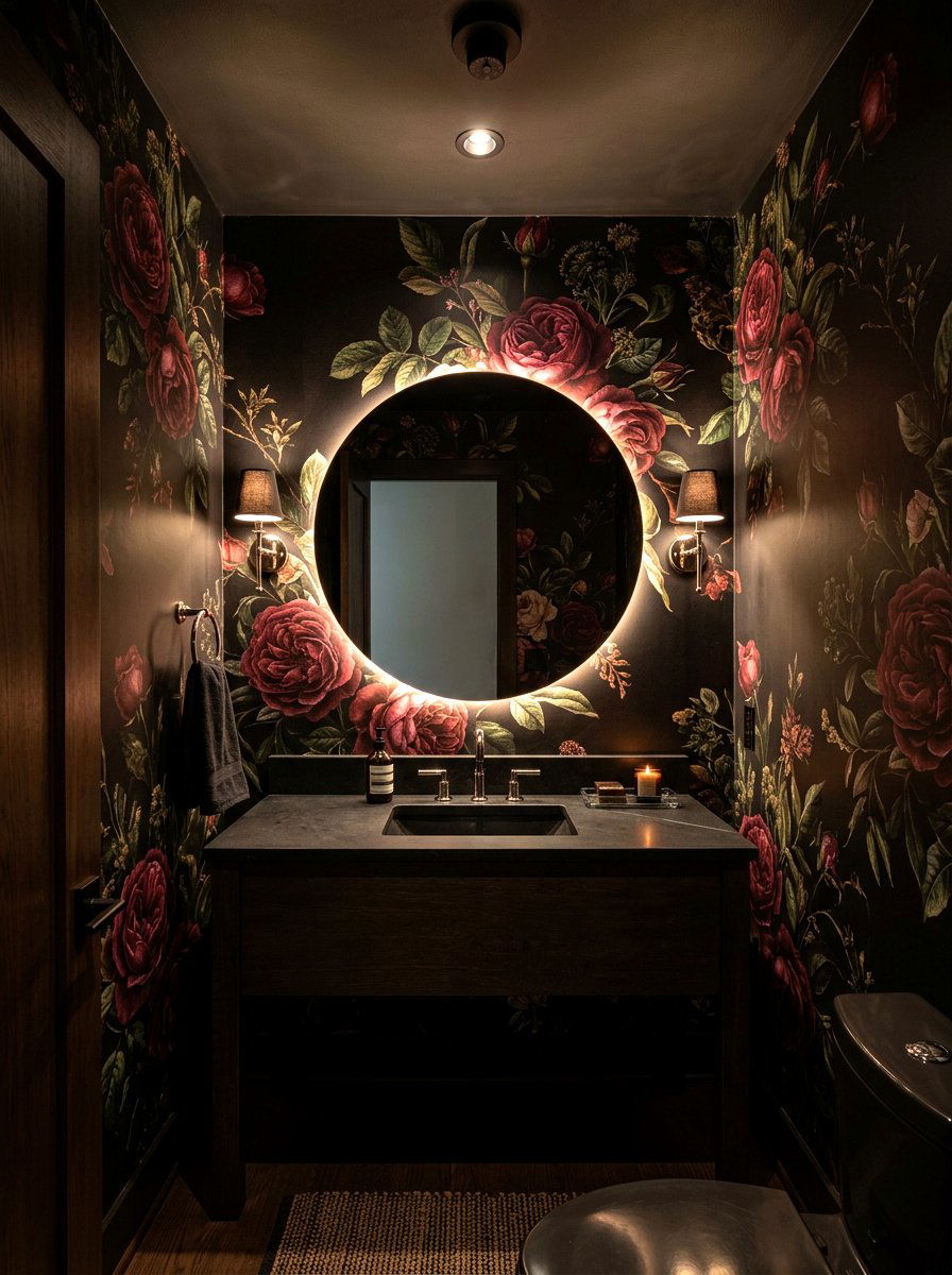 Moody Dark Floral Mural Powder Room - 30 murals in powder room ideas