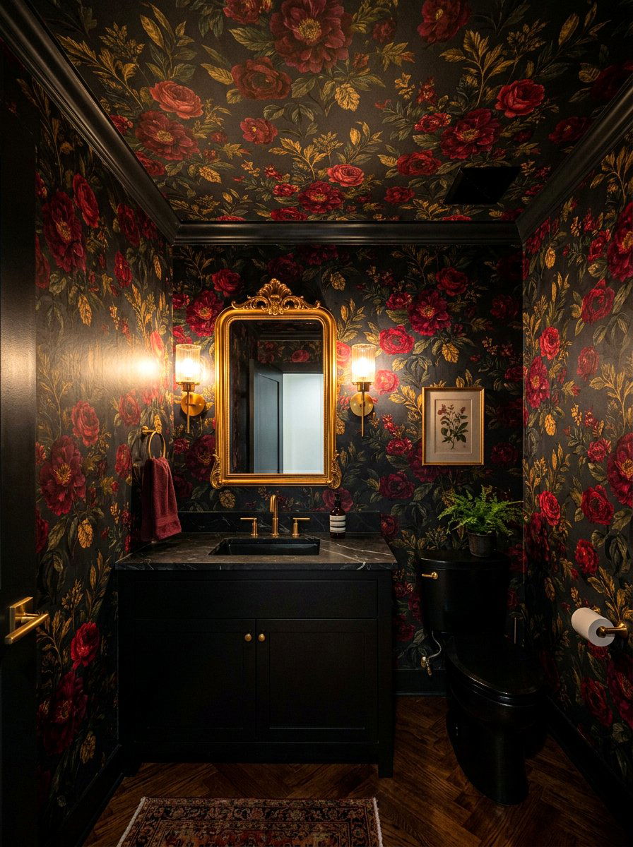 Moody Dark Floral Powder Room - 30 wallpaper ceiling ideas