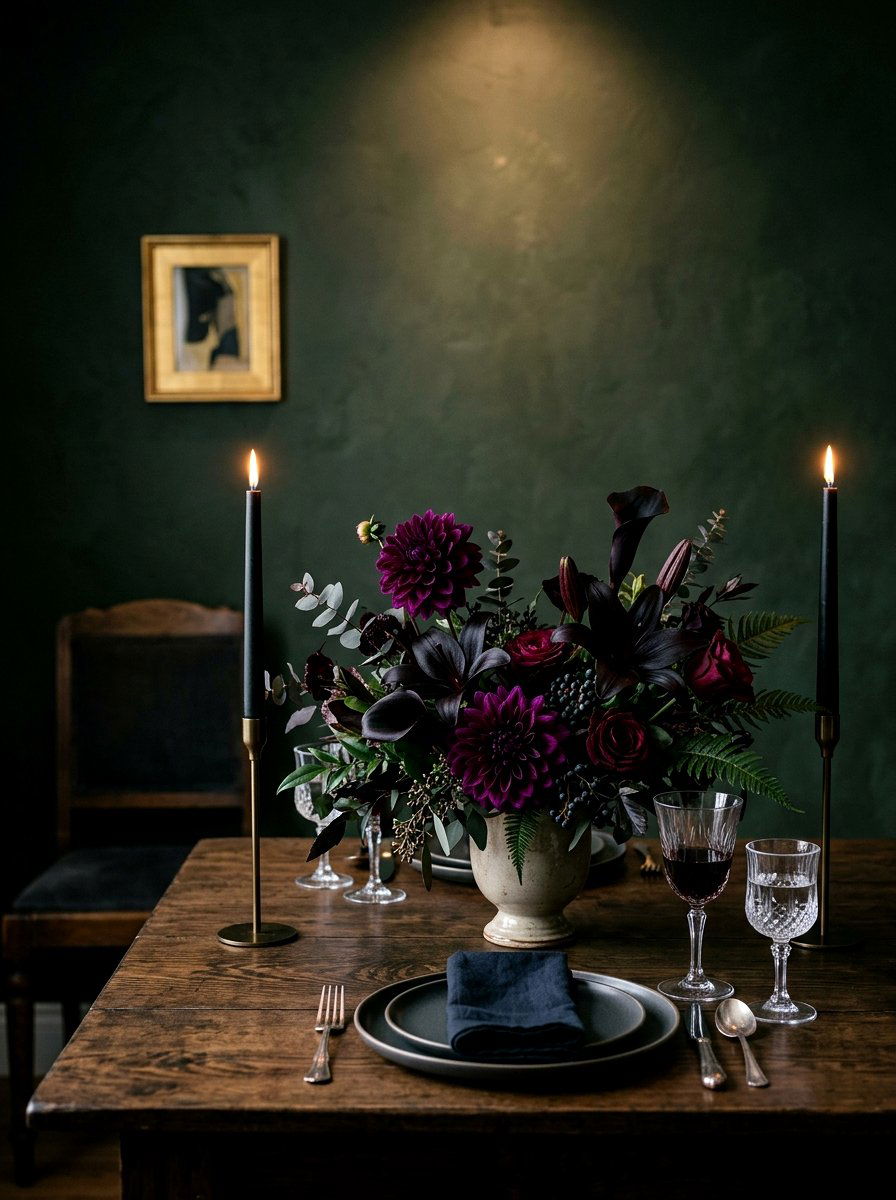Moody Dark Floral Table - 30 floral tablescape ideas