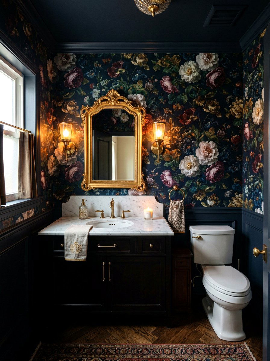 Moody Dark Floral Wallpaper - 30 wallpapered powder room ideas