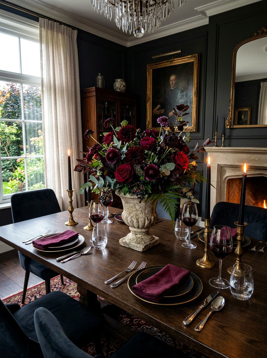 Moody Dark Floral - 30 fall harvest table ideas