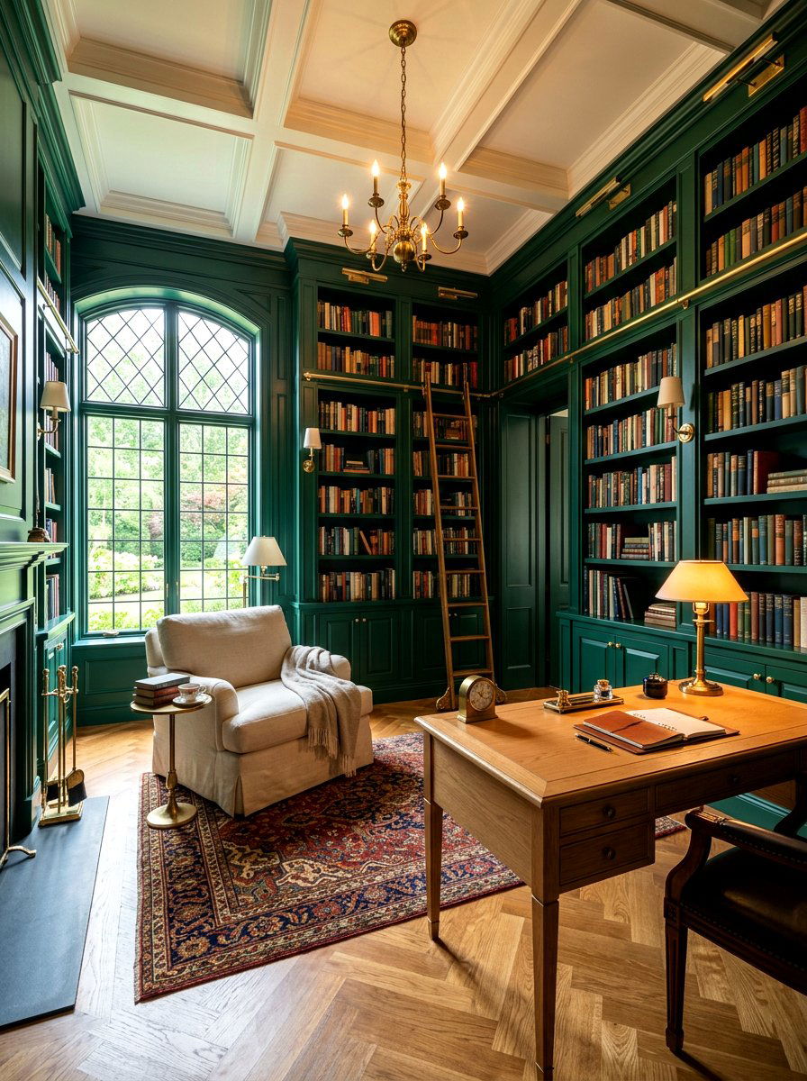 Moody Dark Green Library - 30 library style living room ideas