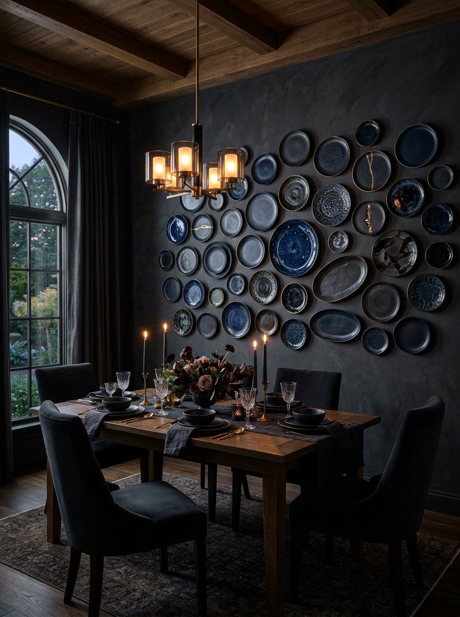 Moody Dark Plate Wall - 30 plate wall dining room ideas
