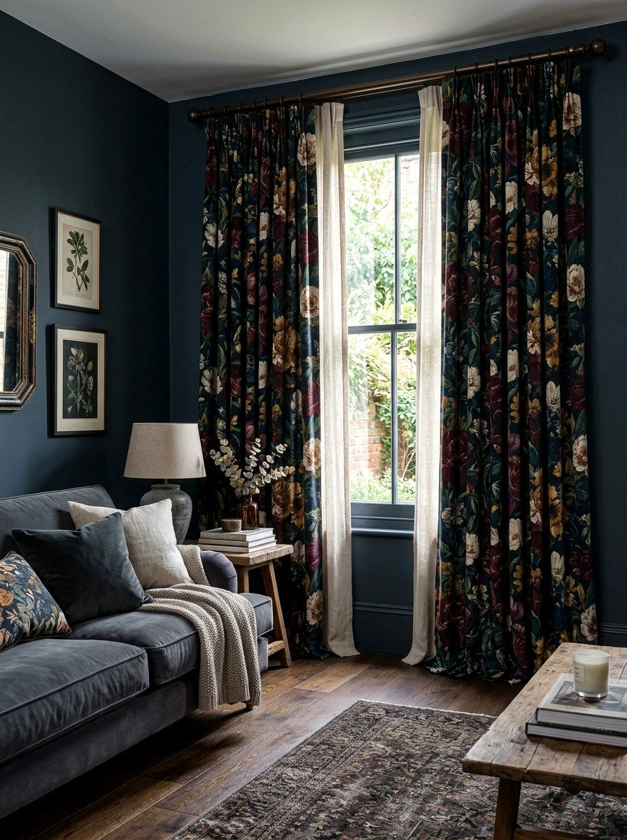 Moody Floral Curtains - 30 dark floral living room ideas
