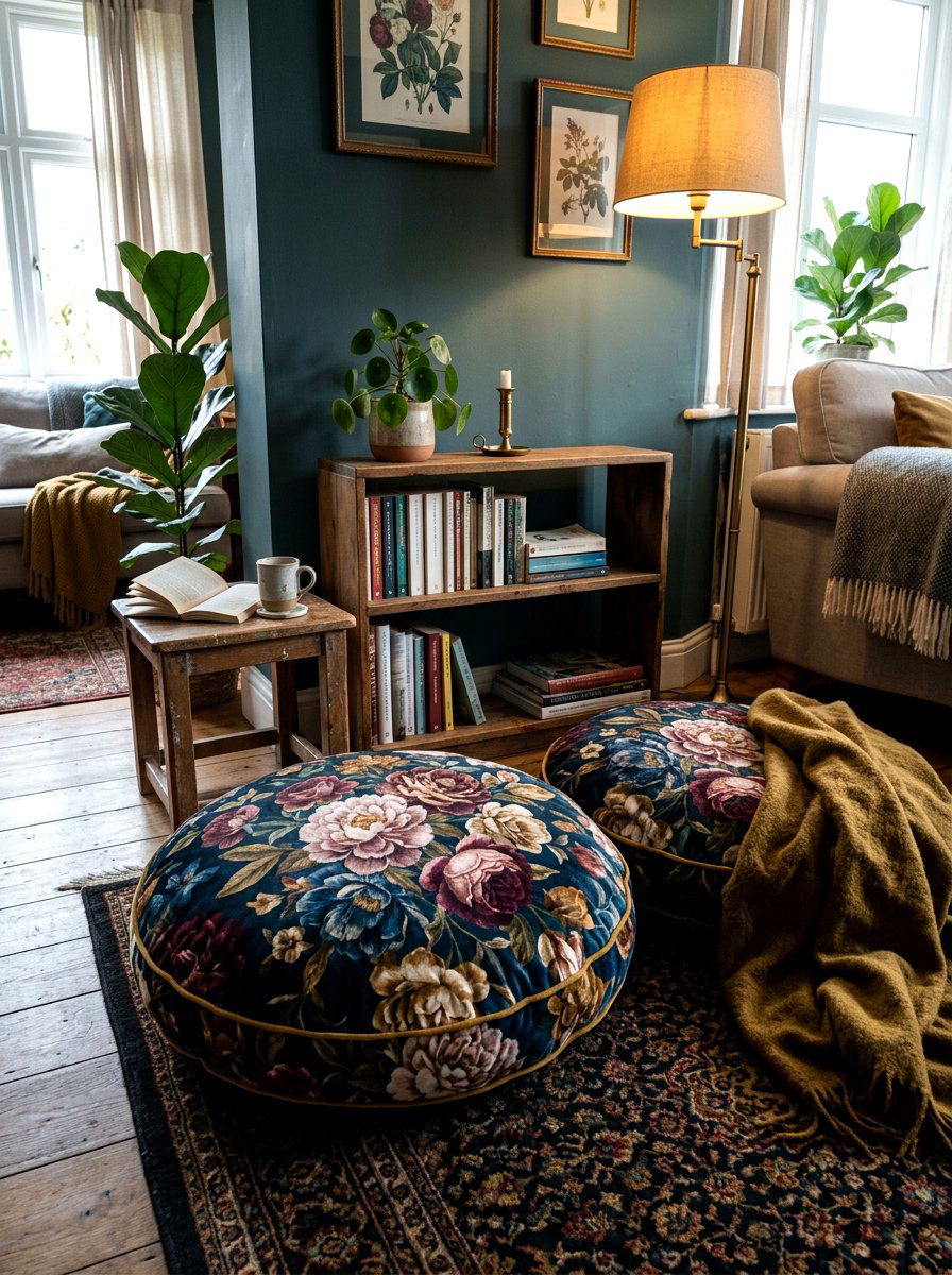 Moody Floral Floor Pillow - 30 dark floral bedroom aesthetic ideas