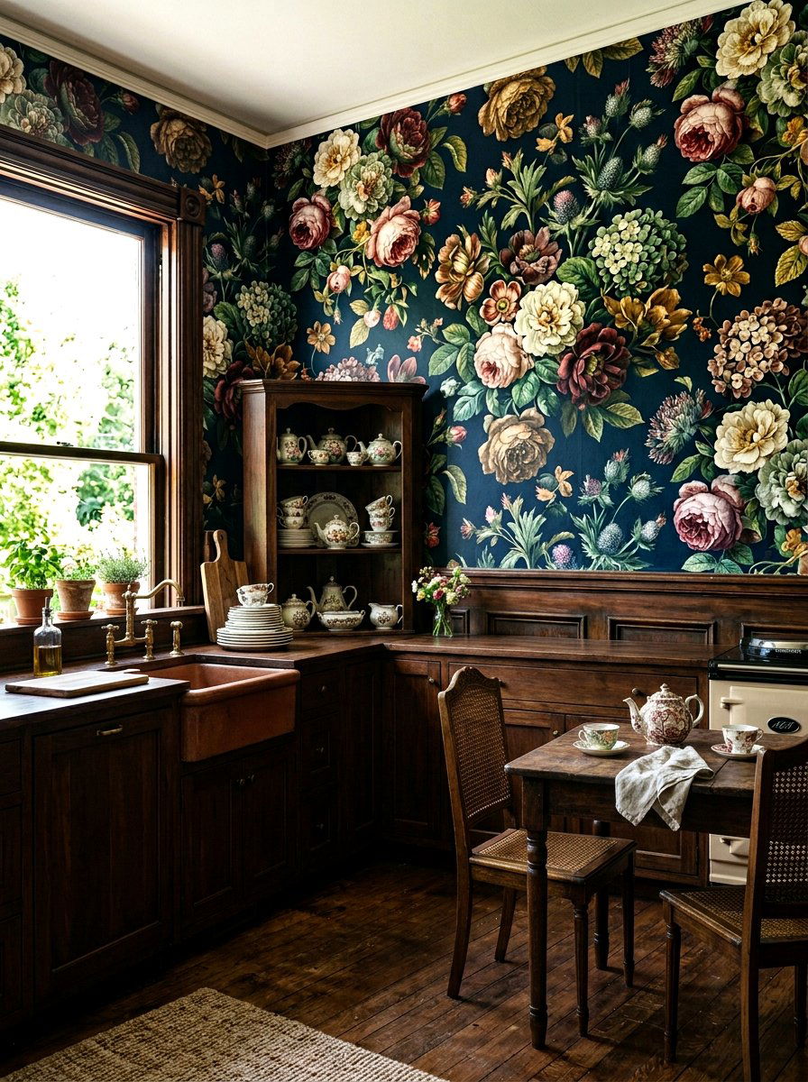 Moody Floral Kitchen Wallpaper - 30 moody cottage kitchen ideas