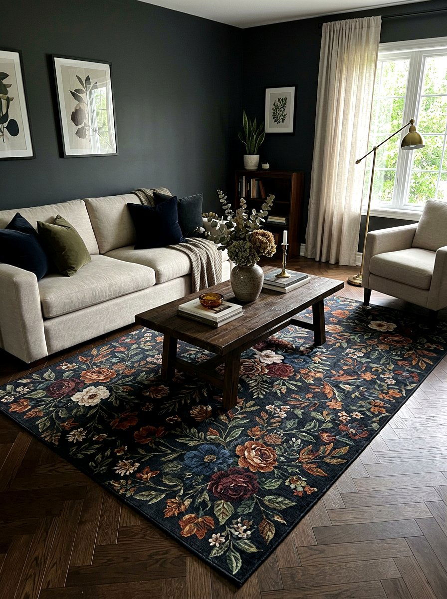 Moody Floral Rug Styling - 30 dark floral living room ideas
