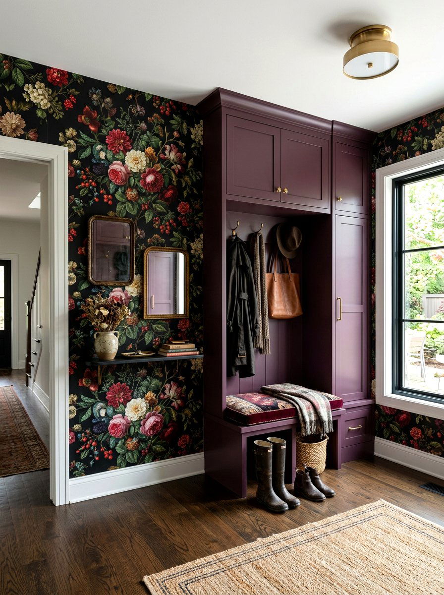 Moody Floral Wallpaper Mudroom - 30 moody mudroom ideas