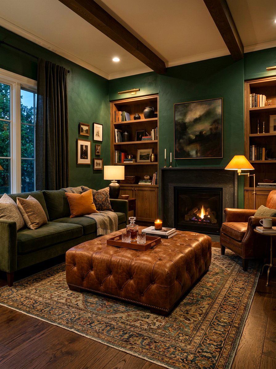 Moody Forest Green Living Room With Cognac Leather Ottoman - 30 forest green and brown living room ideas