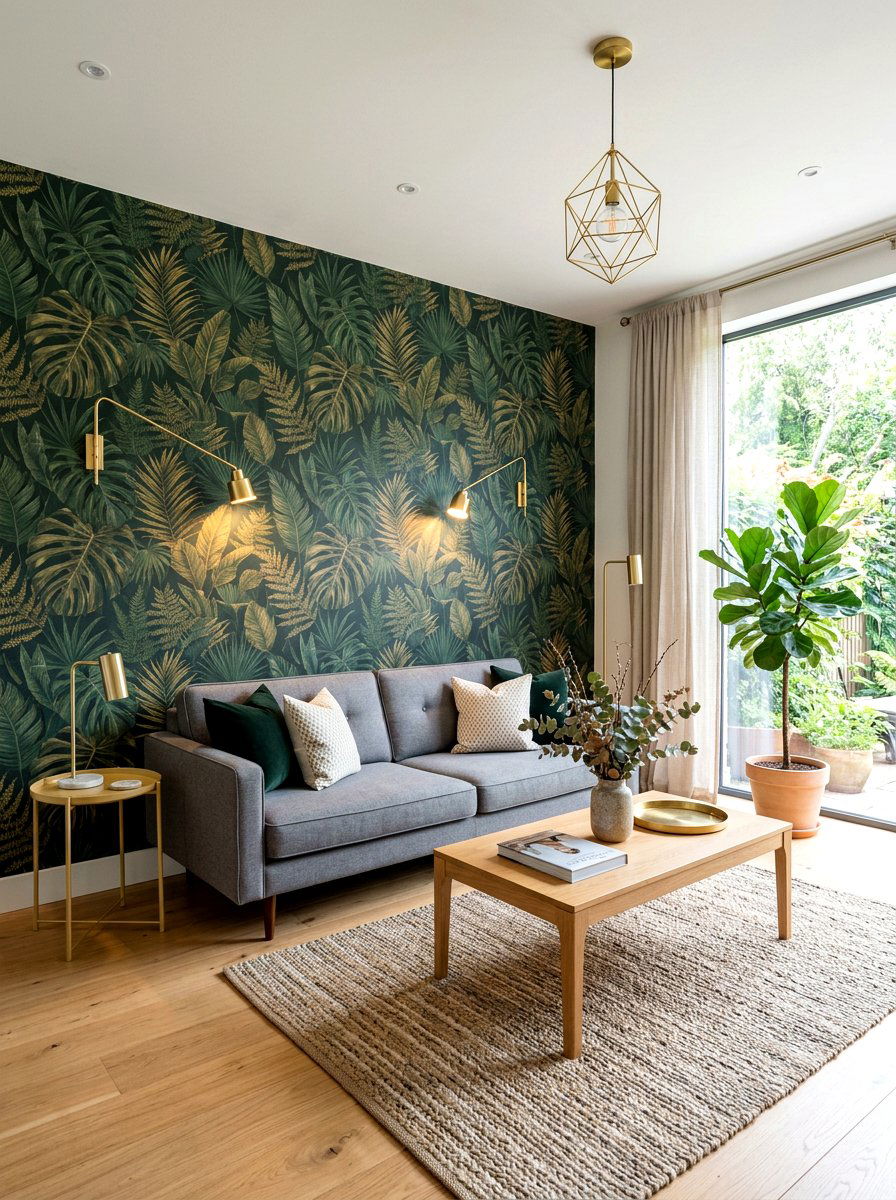 Moody Green Botanical Wallpaper - 30 dark green living room ideas