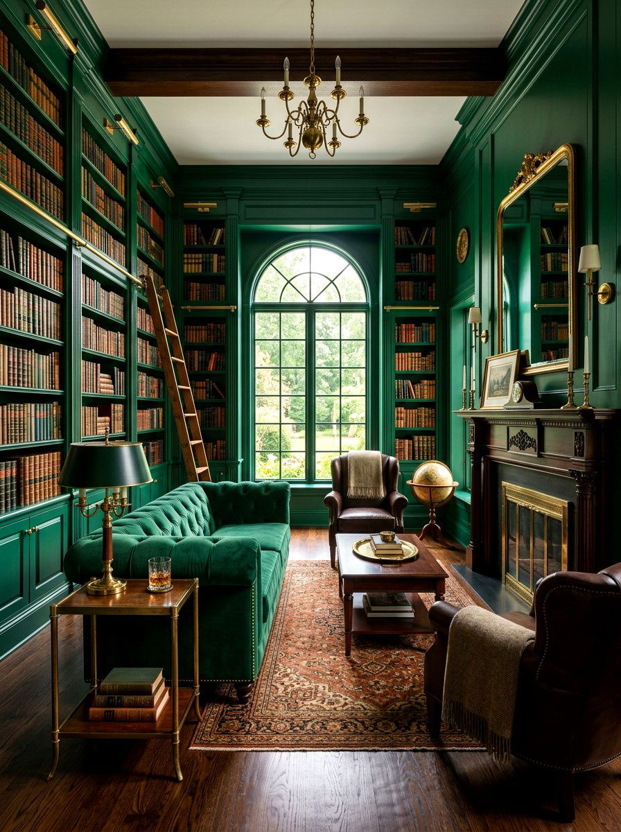 Moody Green Library - 30 home library wall ideas