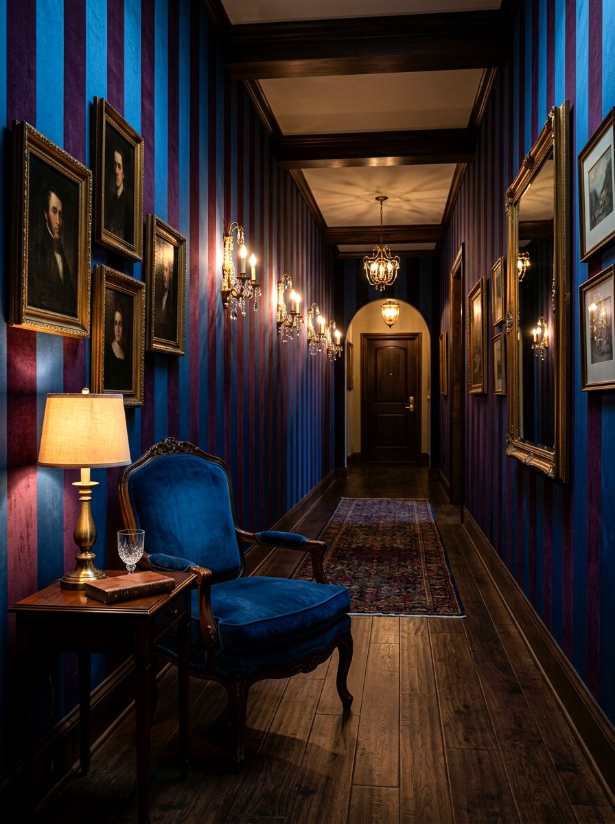 Moody Jewel Tone Striped Hallway - 30 striped hallway ideas
