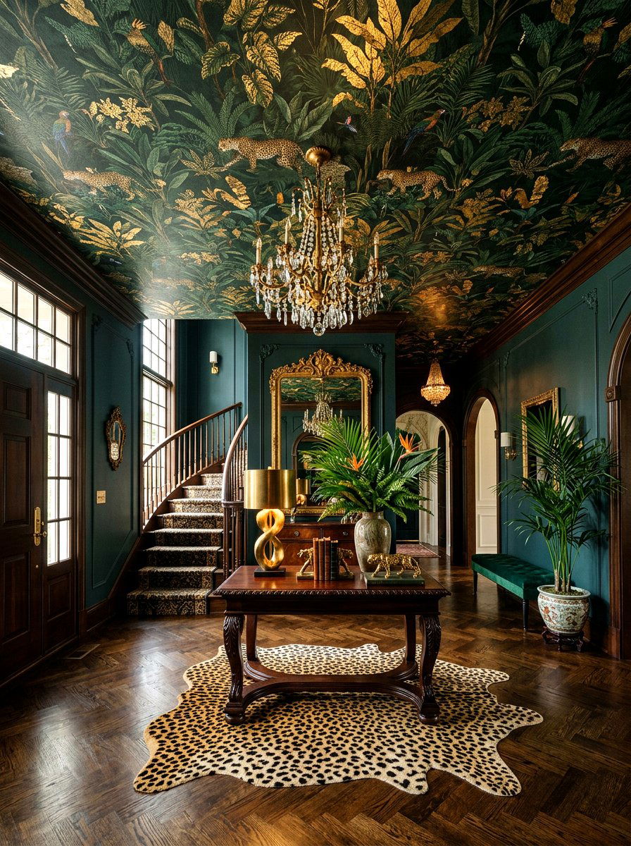 Moody Jungle Print Foyer - 30 wallpapered foyer ceiling ideas