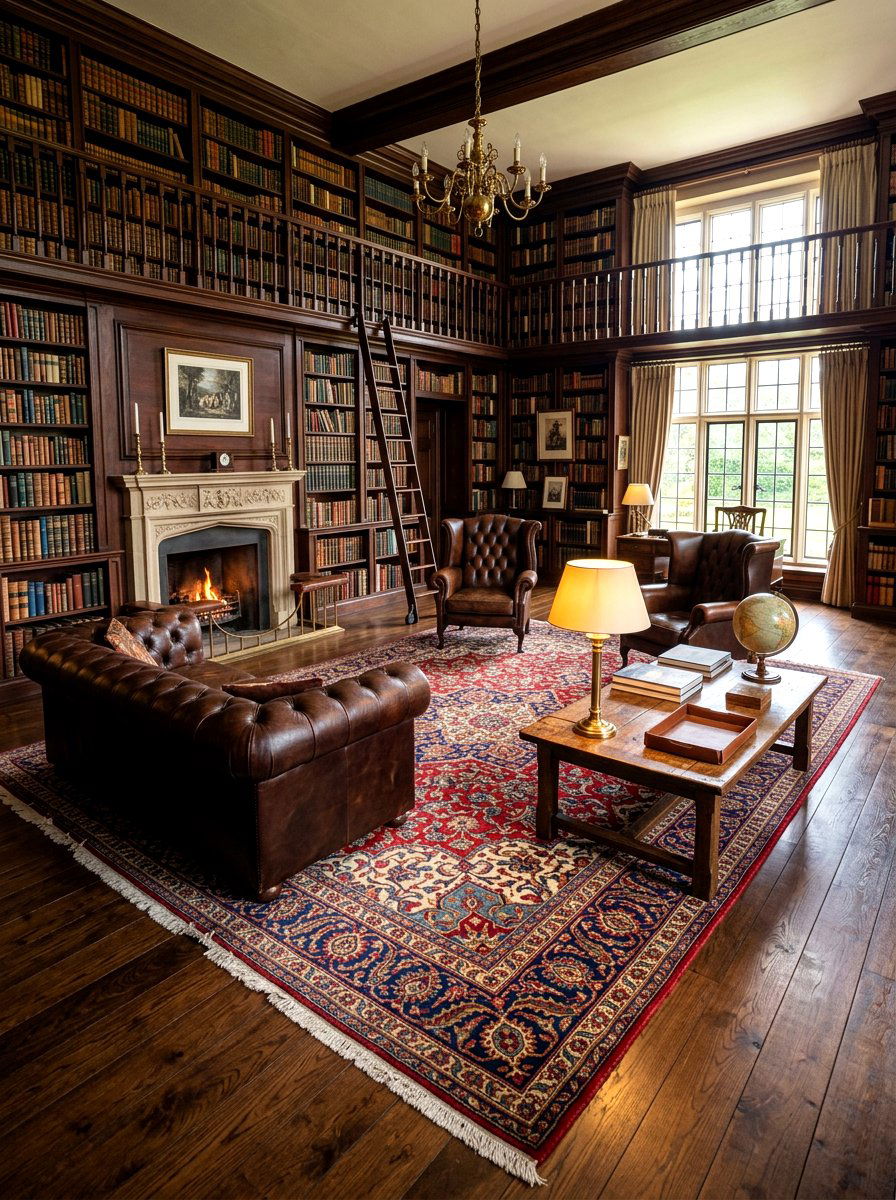 Moody Library Patterned Rug - 30 moody library living room ideas