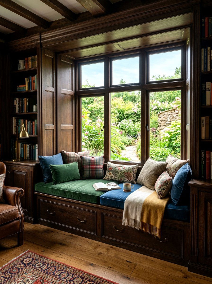 Moody Library Window Seat Design - 30 moody library living room ideas
