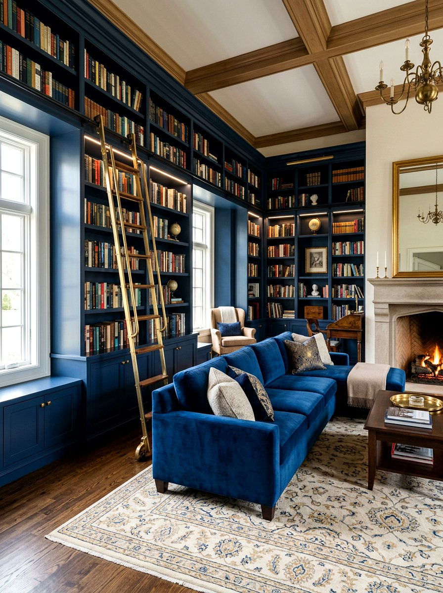 Moody Library With Rolling Ladder - 30 moody library living room ideas