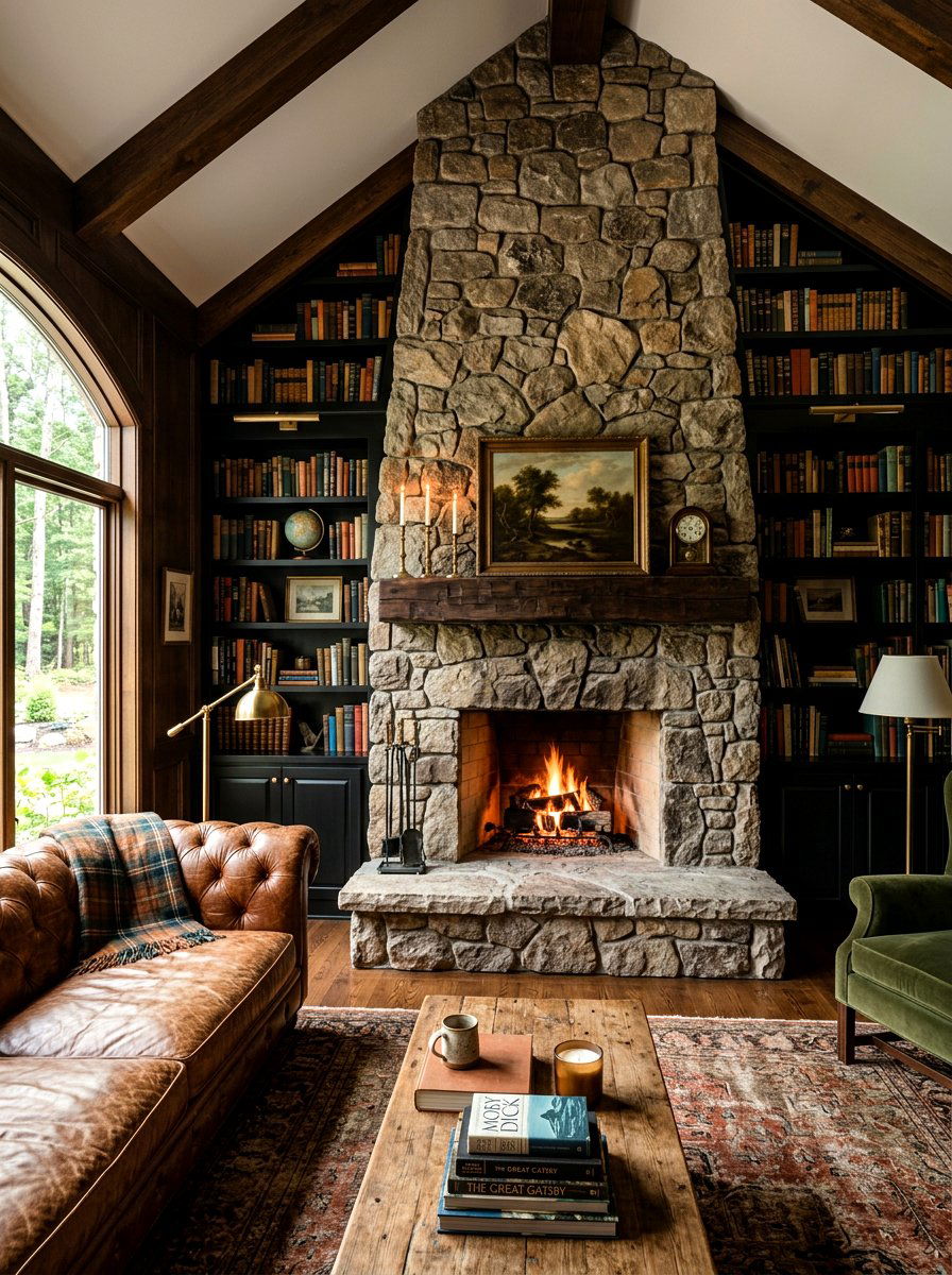 Moody Library With Stone Fireplace - 30 moody library living room ideas