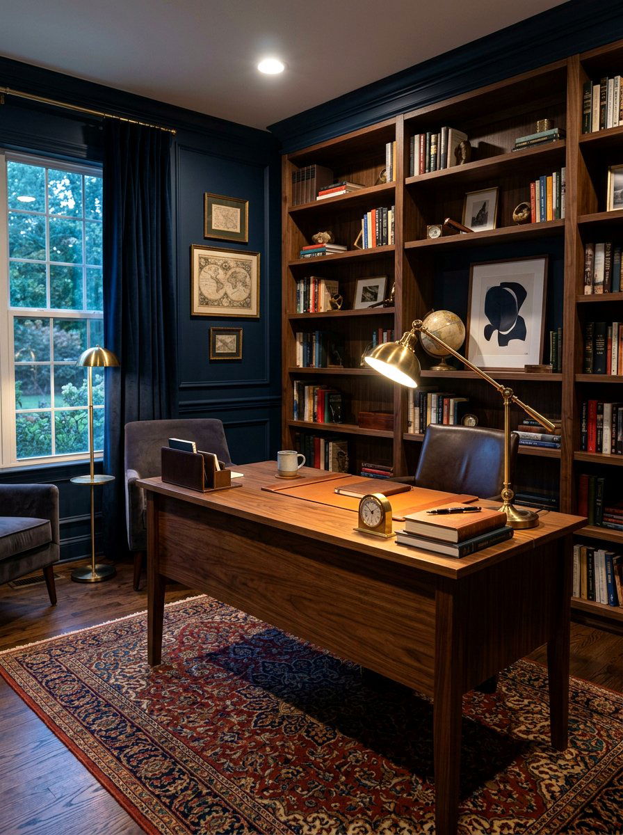 Moody Navy Blue Study - 30 study room ideas