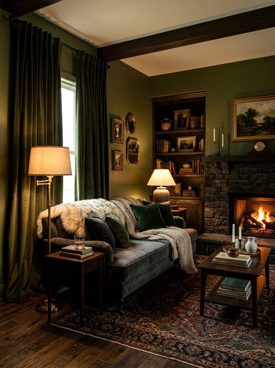 Moody Olive Green Den - 30 deep olive lounge ideas