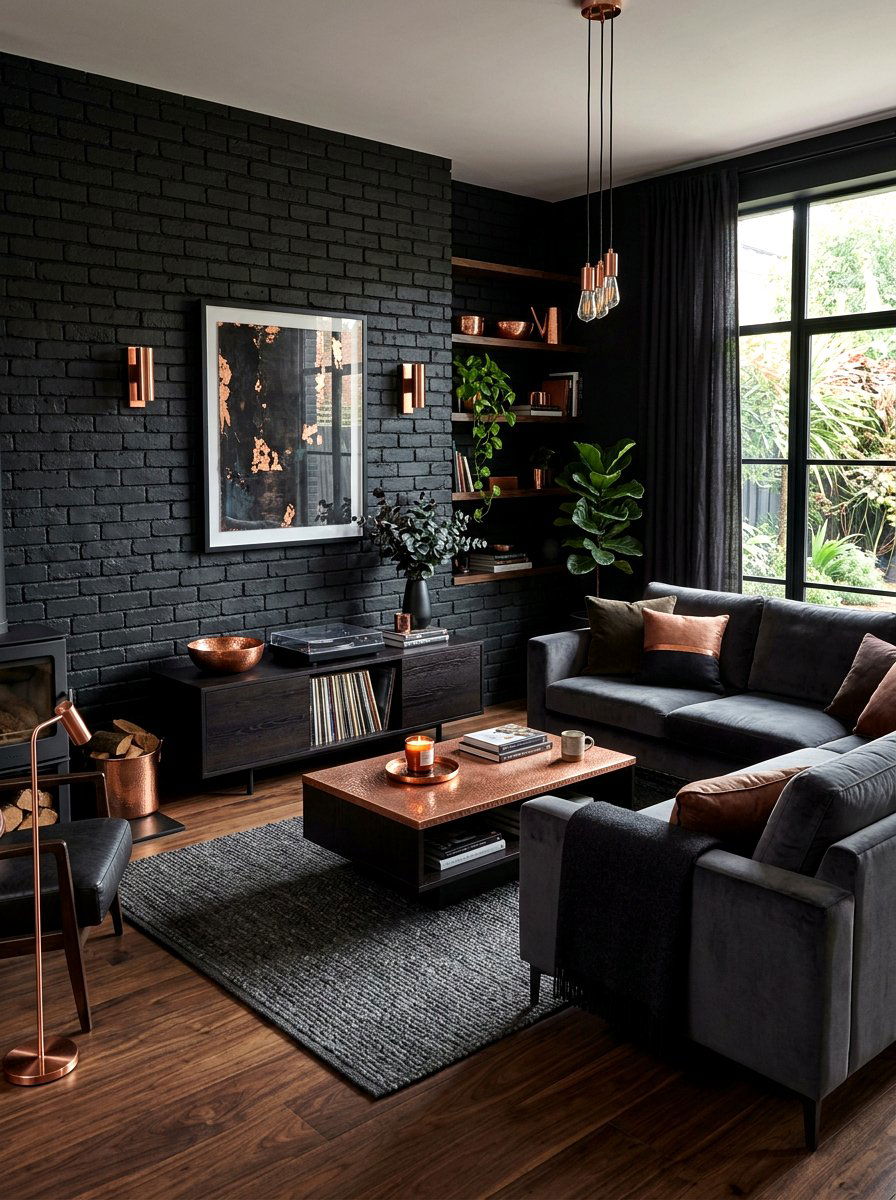 Moody black brick living room - 30 exposed brick living room ideas