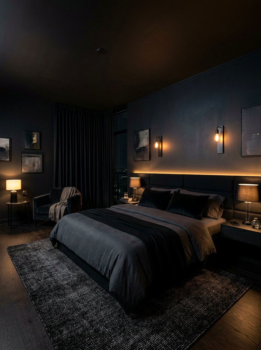 Moody black lighting bedroom - 30 black bedroom ideas