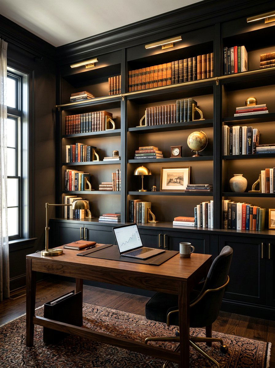 Moody black office bookshelves - 30 office bookshelf styling ideas