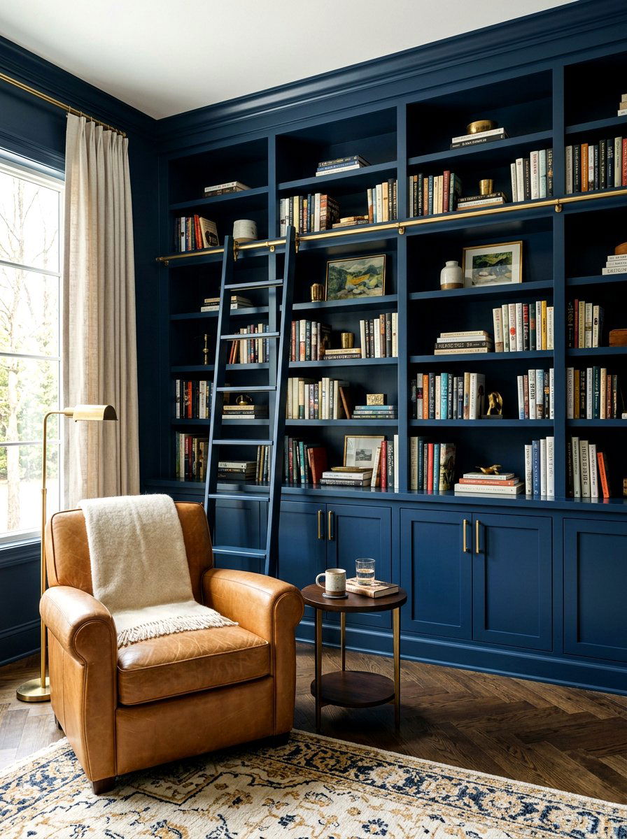 Moody blue built in library - 30 library wall ideas