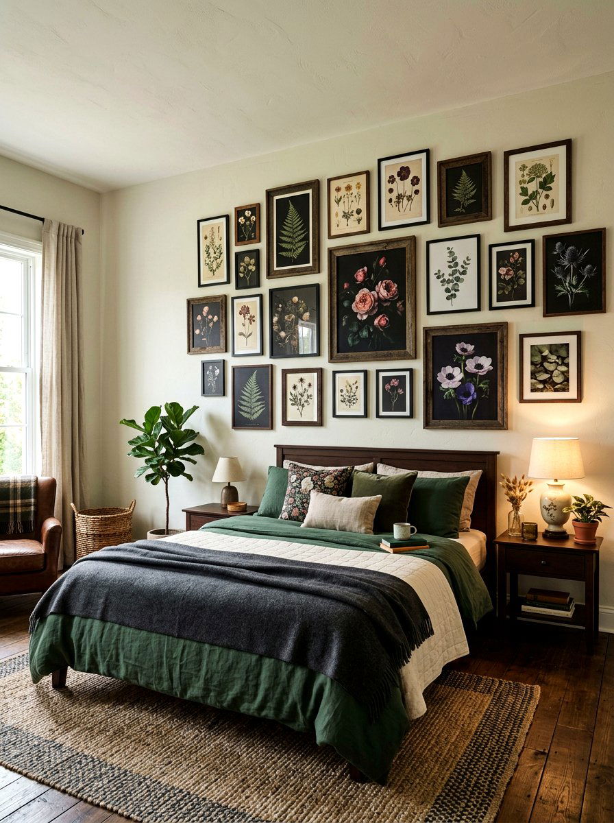 Moody botanical bedroom gallery wall - 30 dark floral fall decor ideas