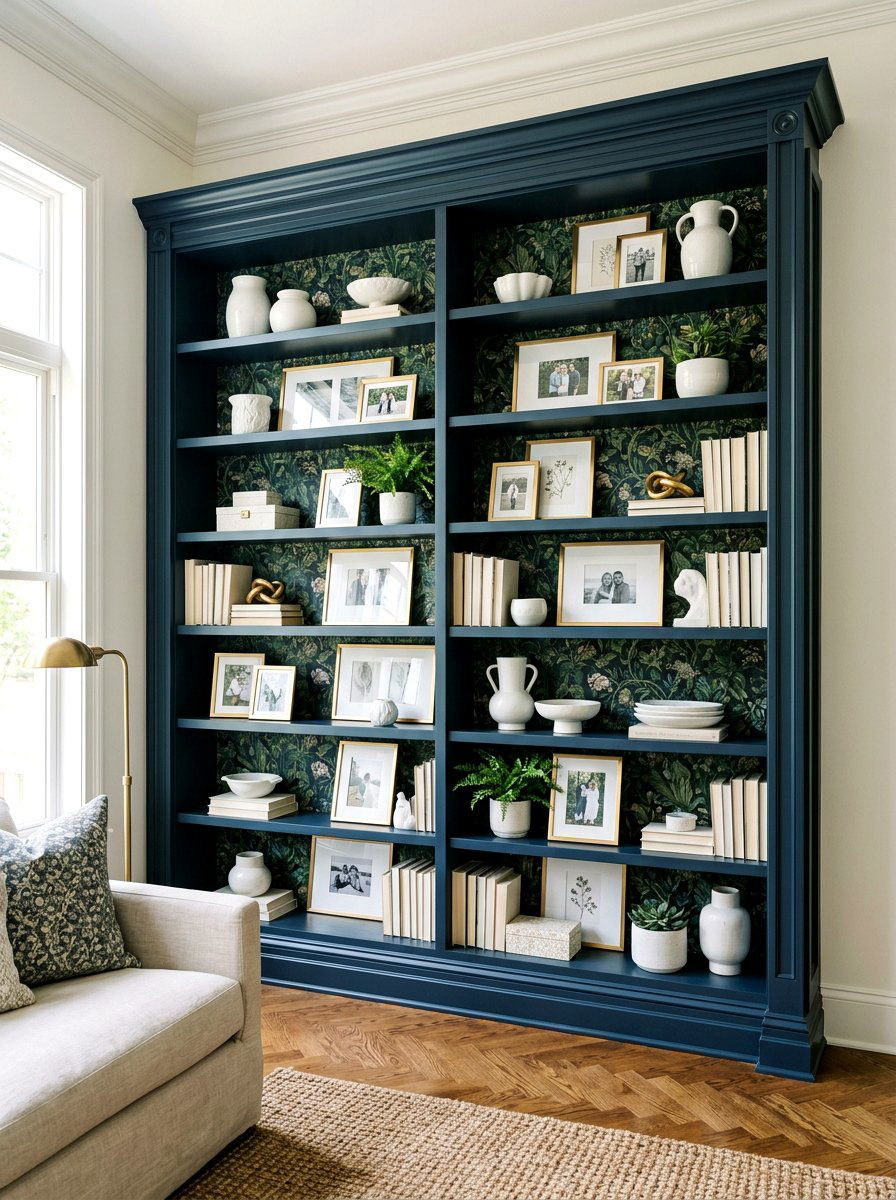 Moody botanical built in shelving - 30 dark floral fall decor ideas