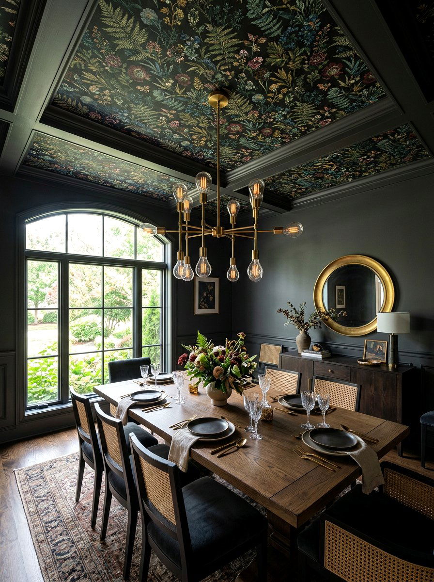 Moody botanical ceiling wallpaper - 30 dark floral fall decor ideas