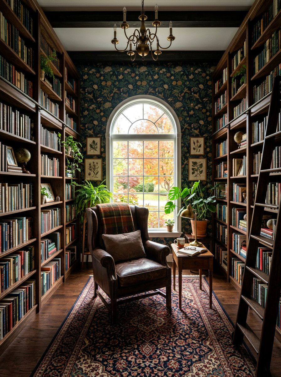 Moody botanical home library - 30 dark floral fall decor ideas