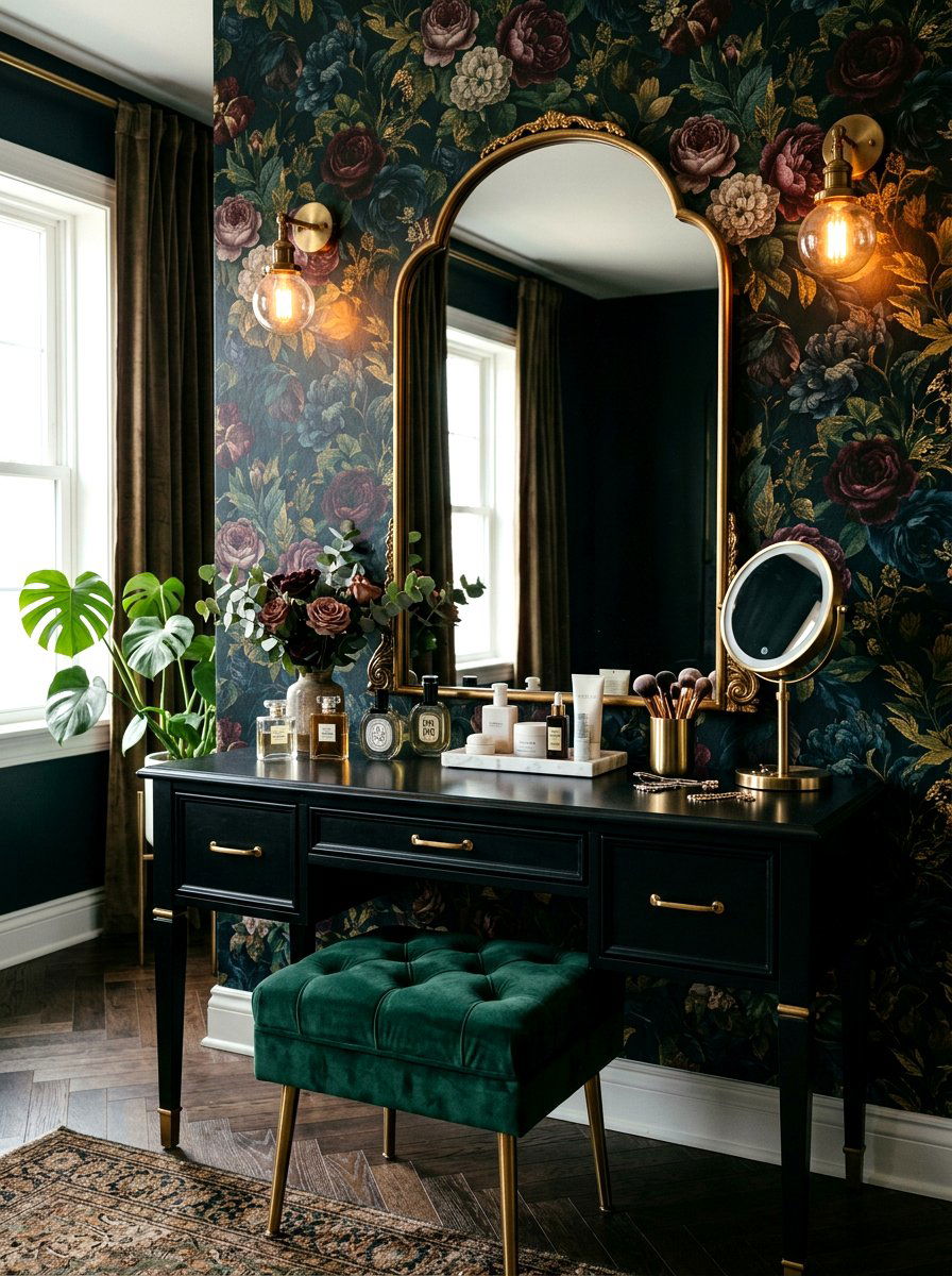 Moody botanical vanity area - 30 dark floral fall decor ideas