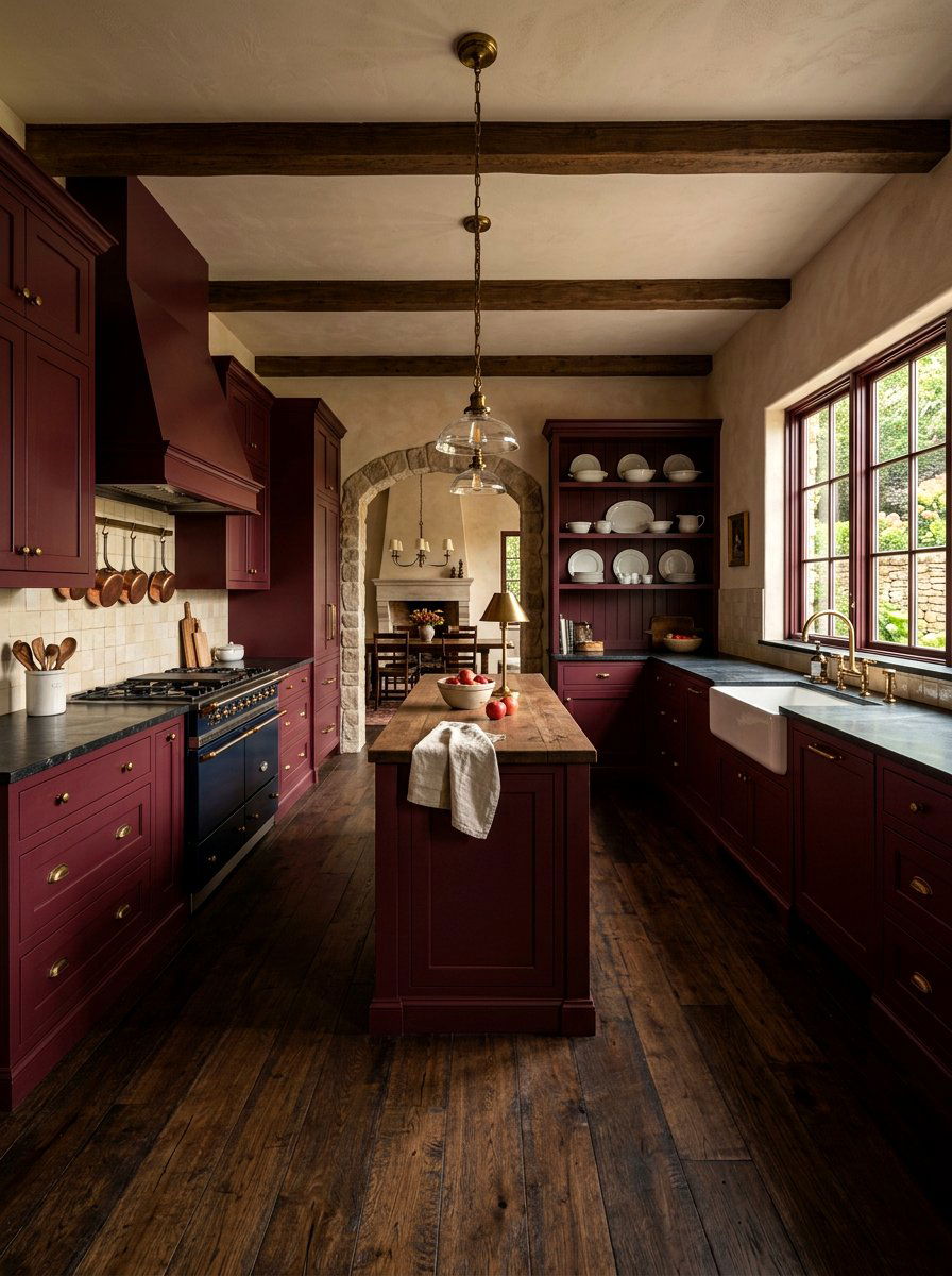 Moody burgundy kitchen - 30 rustic European kitchen ideas
