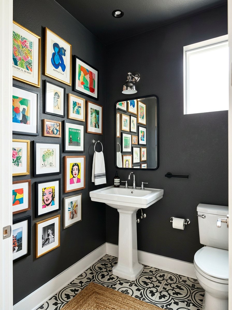 Moody charcoal paint powder room - 30 jewel box powder room ideas