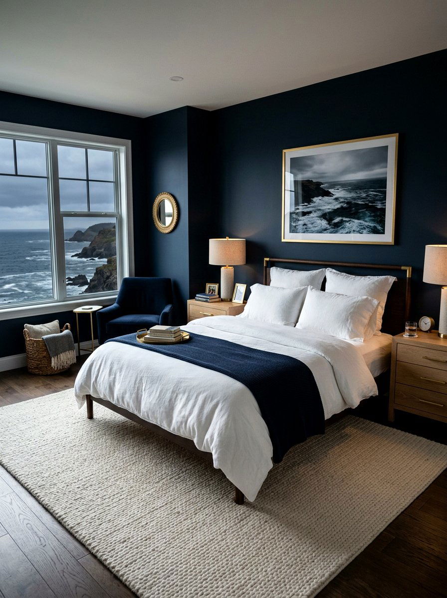 Moody coastal bedroom with dark navy walls - 30 coastal bedroom ideas