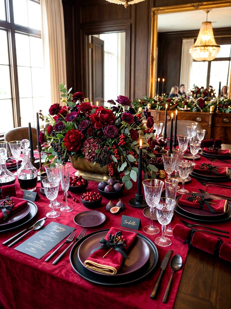 Moody cranberry and plum table - 30 Thanksgiving brunch table ideas