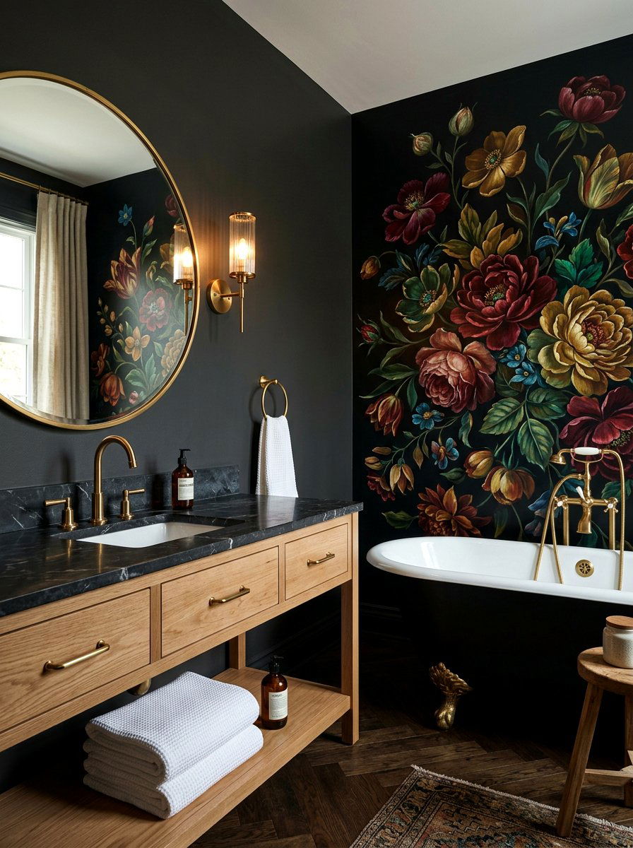Moody dark floral bathroom mural - 30 mural bathroom ideas