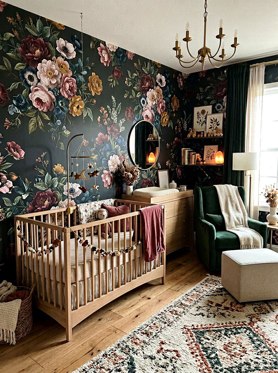 Moody dark floral nursery wallpaper - 30 nursery wallpaper ideas
