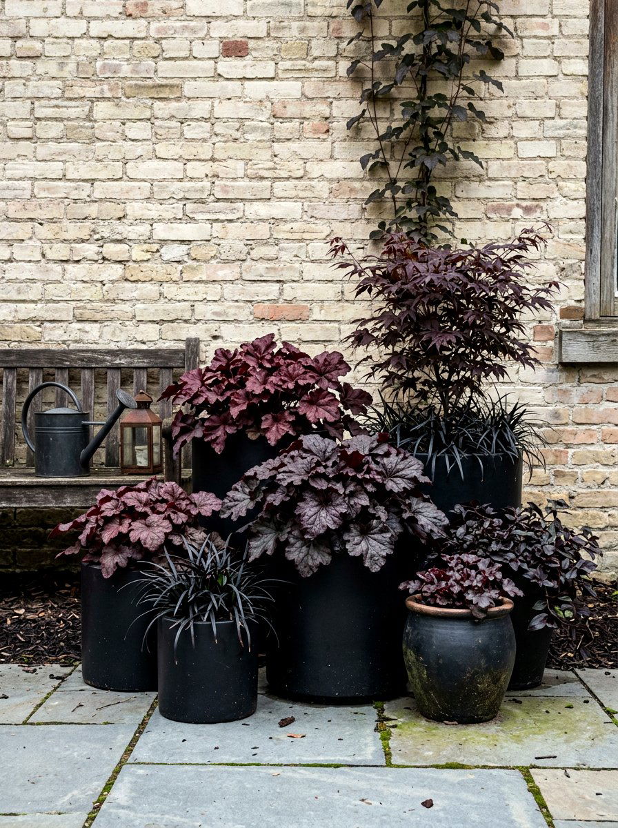 Moody dark maroon and black container garden - 30 container garden color ideas