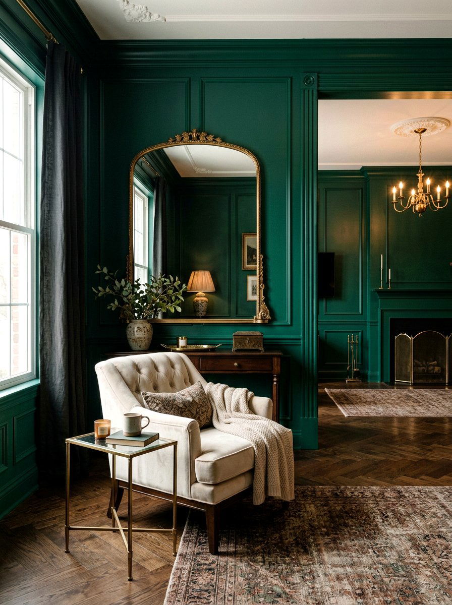 Moody emerald green paneled walls - 30 emerald green living room ideas